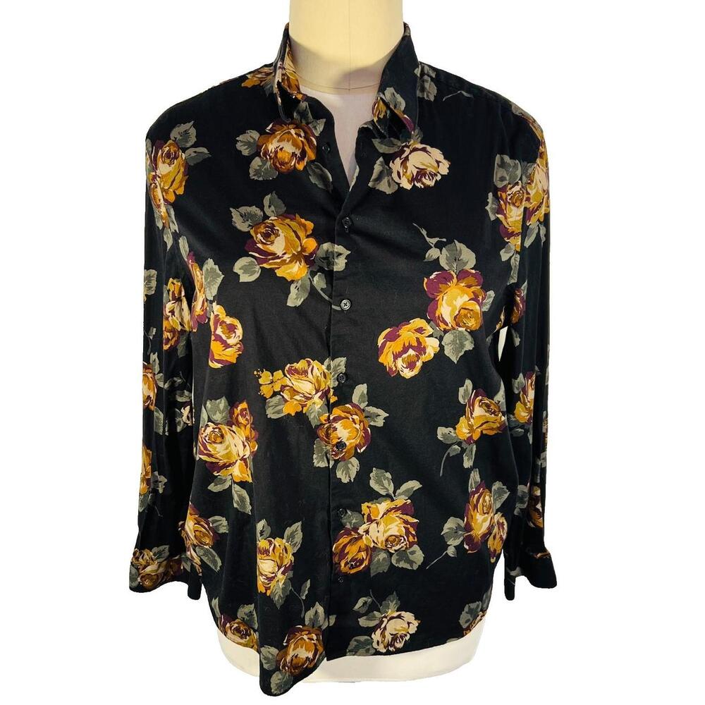 Express. Measurements Blouse Women XXL Black Floral Collared Relaxed Spandex